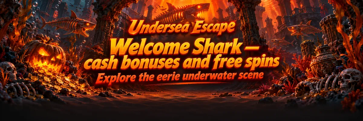 A skeletal shark swims through shadowy underwater ruins, with seaweed, skulls and a coin-filled jack-o’-lantern below.