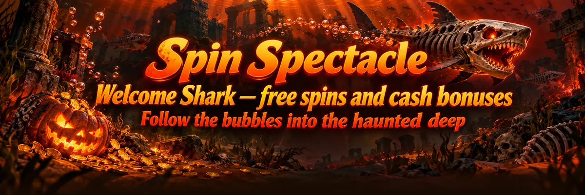 A skeletal shark sweeps past scattered bones and bubbles as coins spill from a seabed jack-o’-lantern.