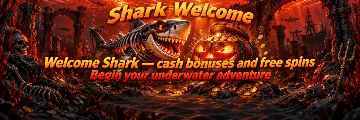 A grinning skeletal shark glides above a coin-filled jack-o’-lantern among underwater ruins.
